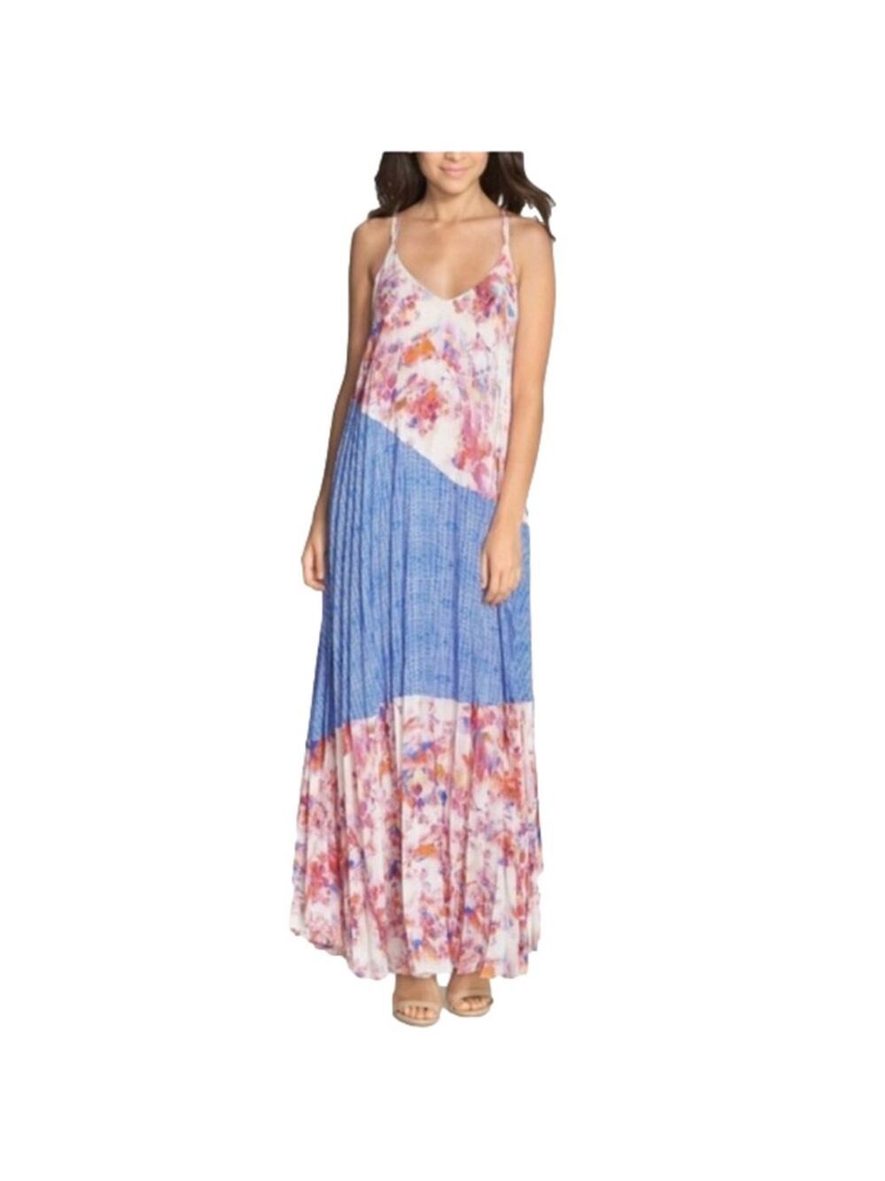 ANTHROPOLOGIE Pleated Flowy Maxi Trapeze Dress Colour Block Floral Racerback XS